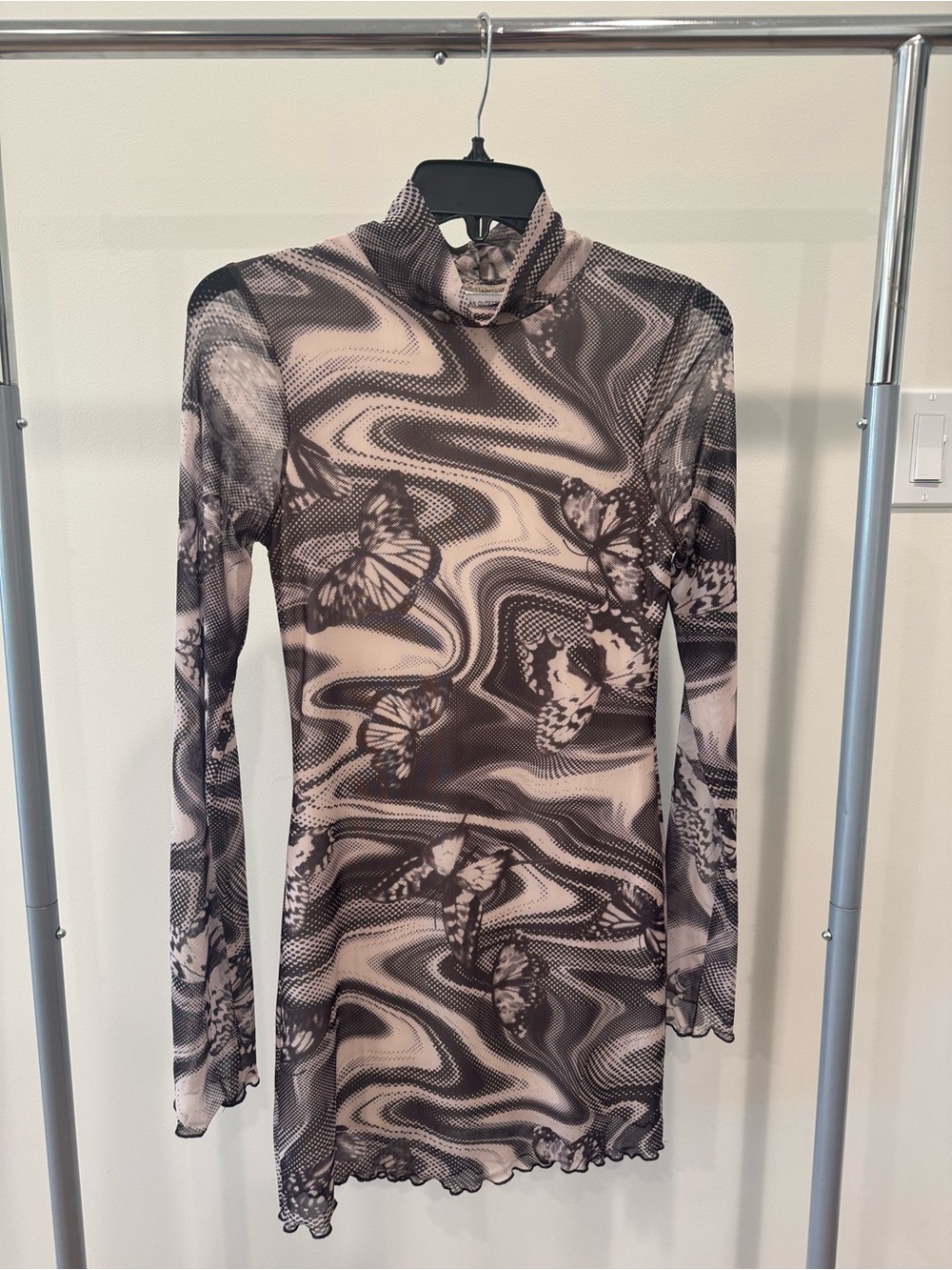 BDG (Urban Outfitters) -Long Sleeve Mesh Butterfly Print Dress in Beige & Black